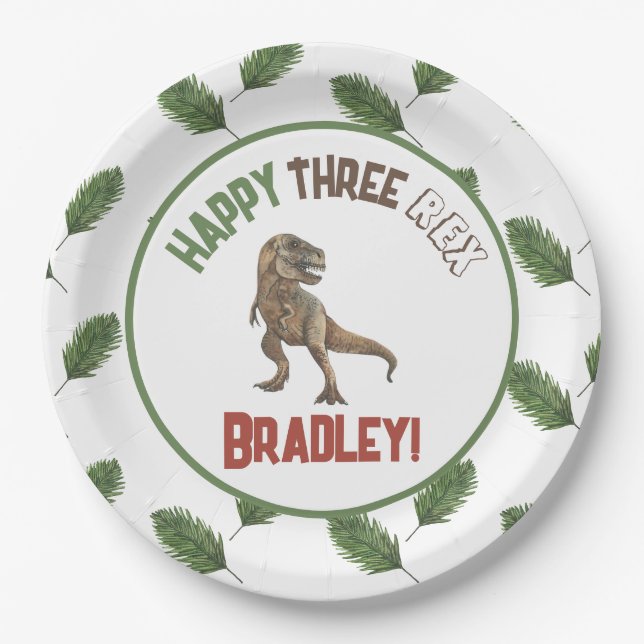 Three Rex Birthday Watercolor Paper Plate (Front)