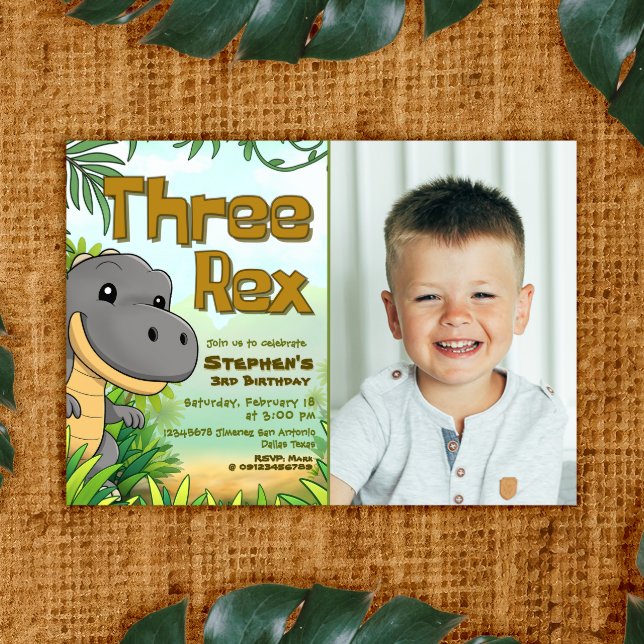 Three Rex Boy 3rd Birthday with Photo Invitation (Three Rex Boy 3rd Birthday with Photo Picture Landscape Invitation)