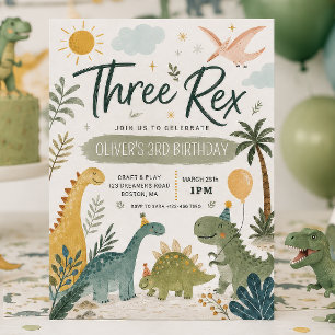 Three Rex Boys Dinosaur Birthday Invitation