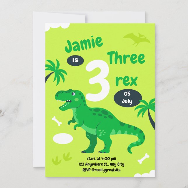 Three-Rex Cute Dinosaur 3rd Birthday Invitation (Front)