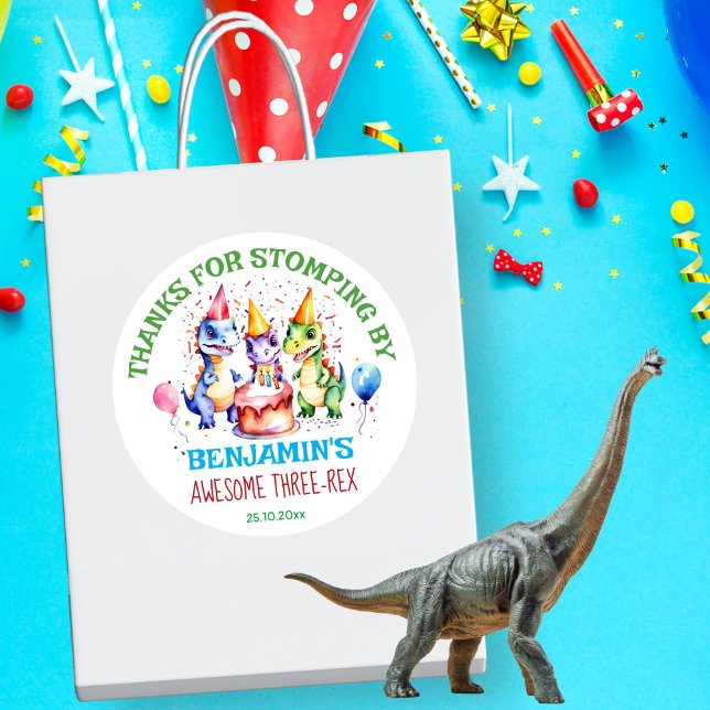 Three rex cute dinosaurs birthday party favour classic round sticker (Creator Uploaded)