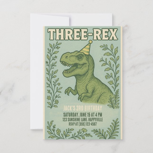 Three-Rex Dinosaur 3rd Birthday Invitation (Front)