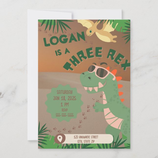 "Three" Rex Dinosaur 3rd Birthday Invitation (Front)