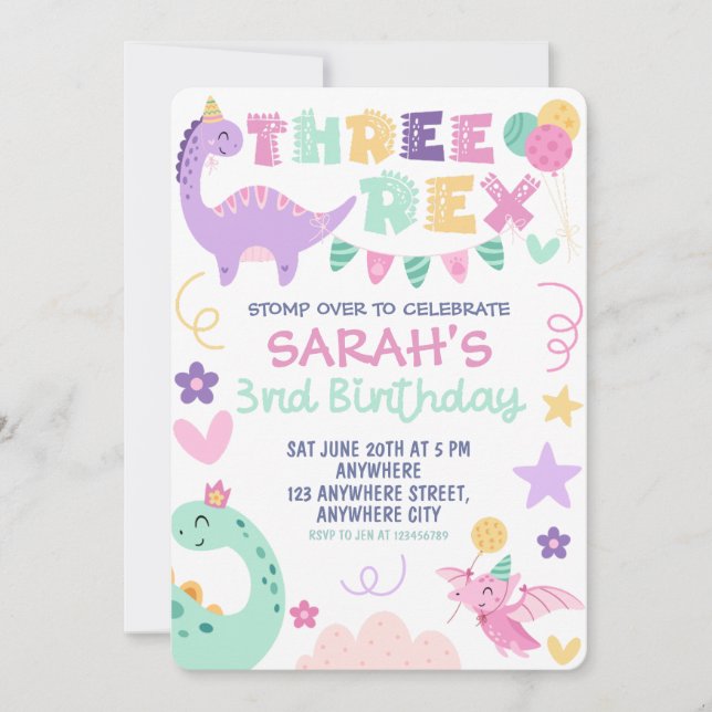 Three Rex Dinosaur 3rd Birthday Party Invitation  (Front)