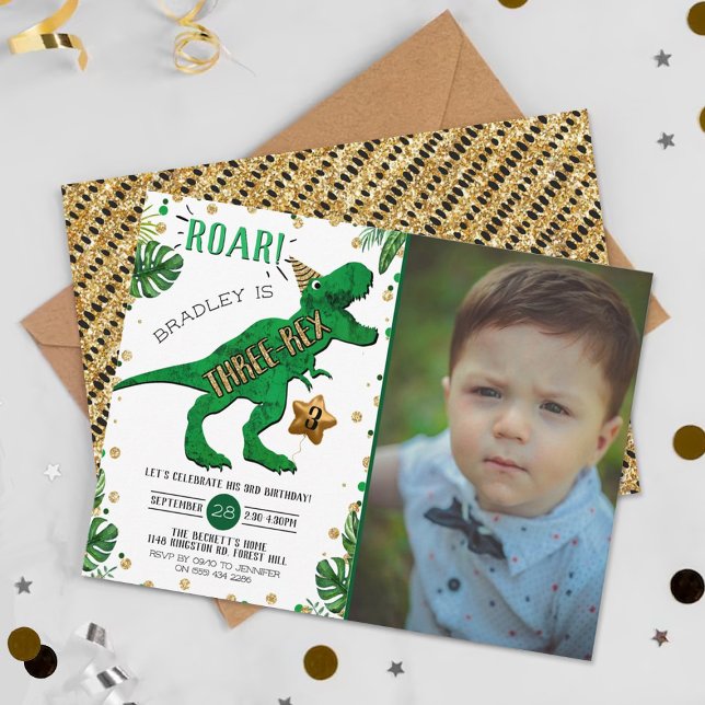 Three-Rex Dinosaur 3rd Birthday Photo Invitation (Creator Uploaded)
