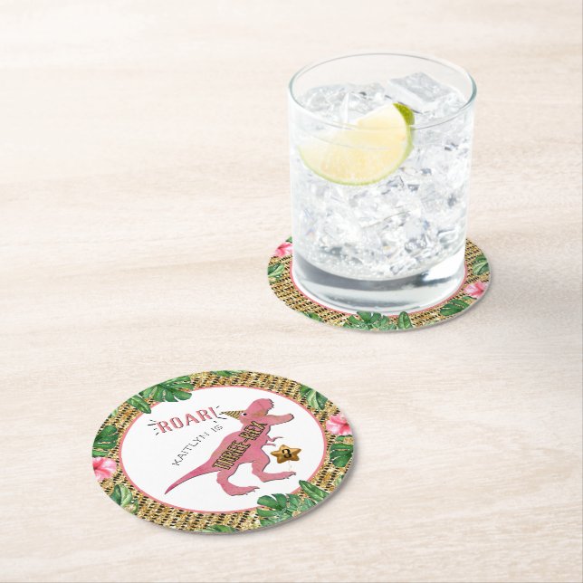 Three-Rex Dinosaur 3rd Birthday Round Paper Coaster (Insitu)