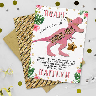 Three-Rex Dinosaur 3rd Birthday Thank You Card
