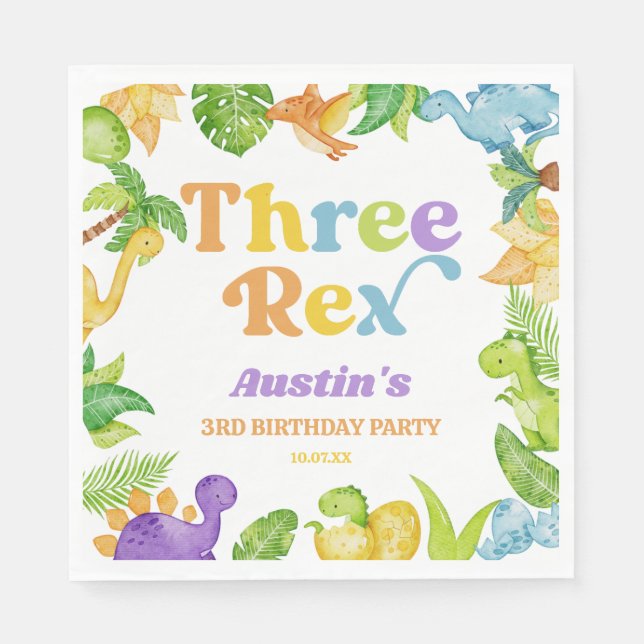 Three Rex Dinosaur 3rd Third Birthday Party Napkin (Front)