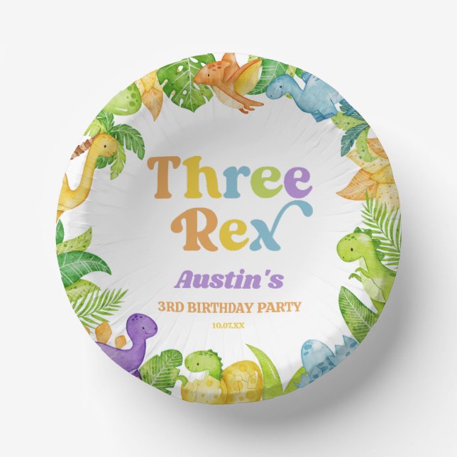 Three Rex Dinosaur 3rd Third Birthday Party Paper Plate (Front)
