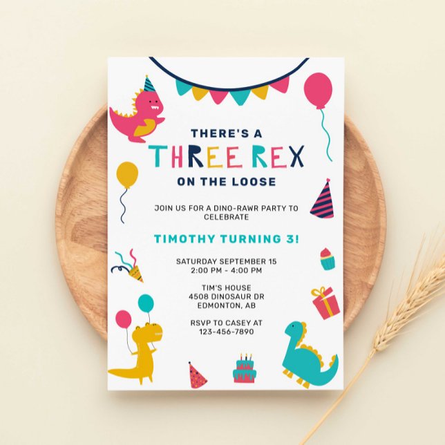 Three Rex Dinosaur Birthday Colourful Party Boys  Invitation (Creator Uploaded)