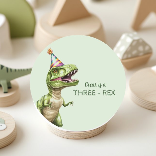 Three-Rex Dinosaur Birthday | Green Dino  Classic Round Sticker (Creator Uploaded)
