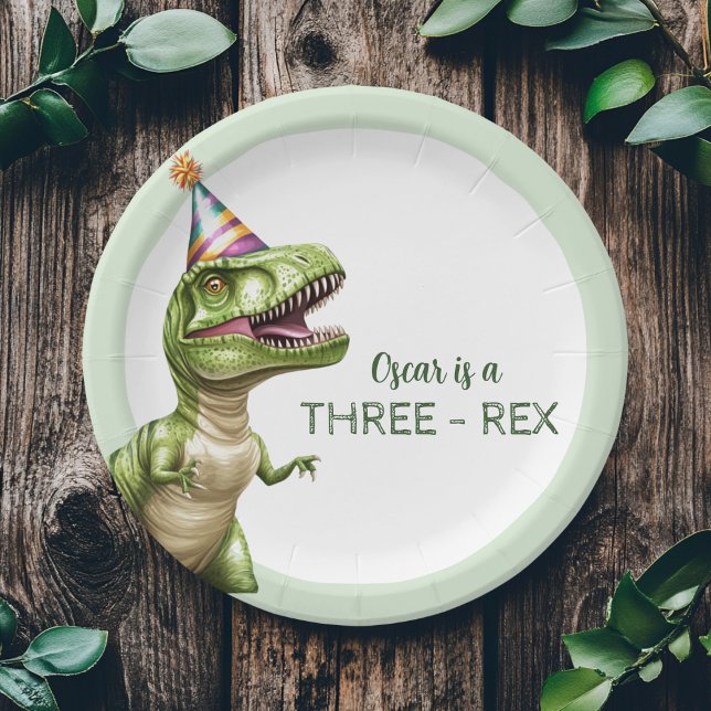 Three-Rex Dinosaur Birthday  | Green Dino  Paper Plate (Creator Uploaded)