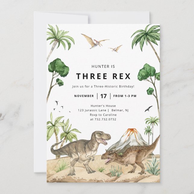 Three Rex Dinosaur Birthday Invitation (Front)