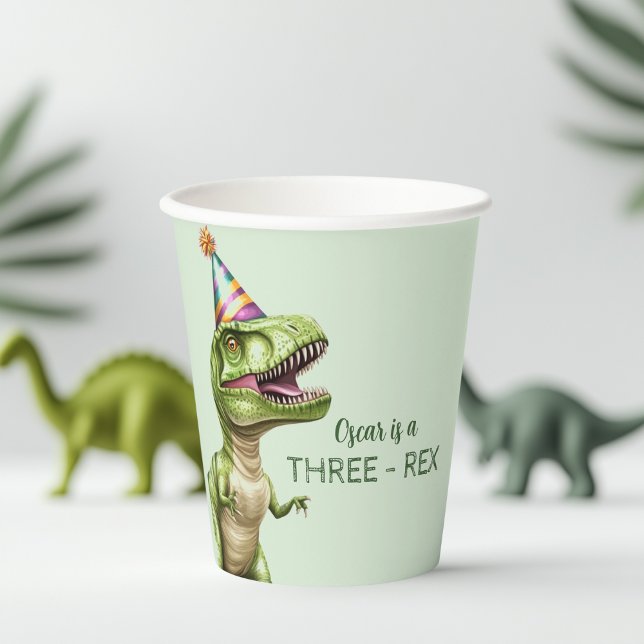 Three-Rex Dinosaur Birthday Paper Cup | Green Dino (Creator Uploaded)