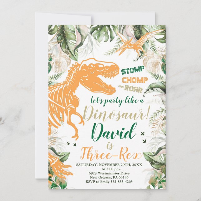 Three-Rex Dinosaur Birthday Party, Dino T-Rex Invitation (Front)