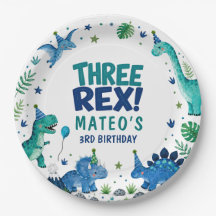 Three Rex Dinosaur Blue 3rd Birthday Paper