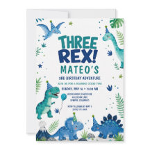 Three Rex Dinosaur Blue Watercolor 3rd Birthday