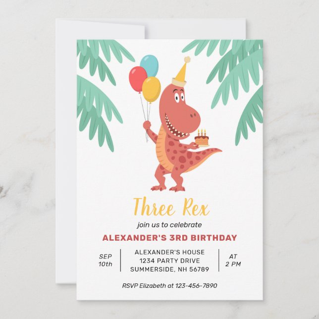 Three Rex Dinosaur Cake Balloon 3rd Birthday Party Invitation (Front)