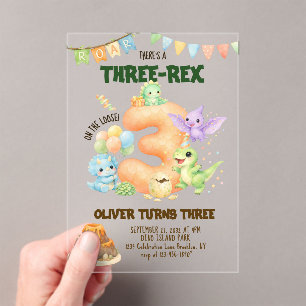 Three-Rex Dinosaur Cute Dino 3rd Birthday Acrylic Invitations