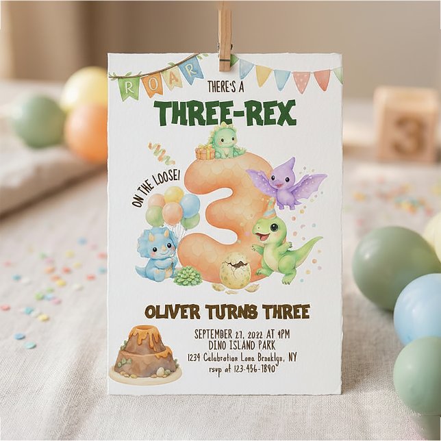 Three-Rex Dinosaur Cute Dino 3rd Birthday Invitation (Creator Uploaded)