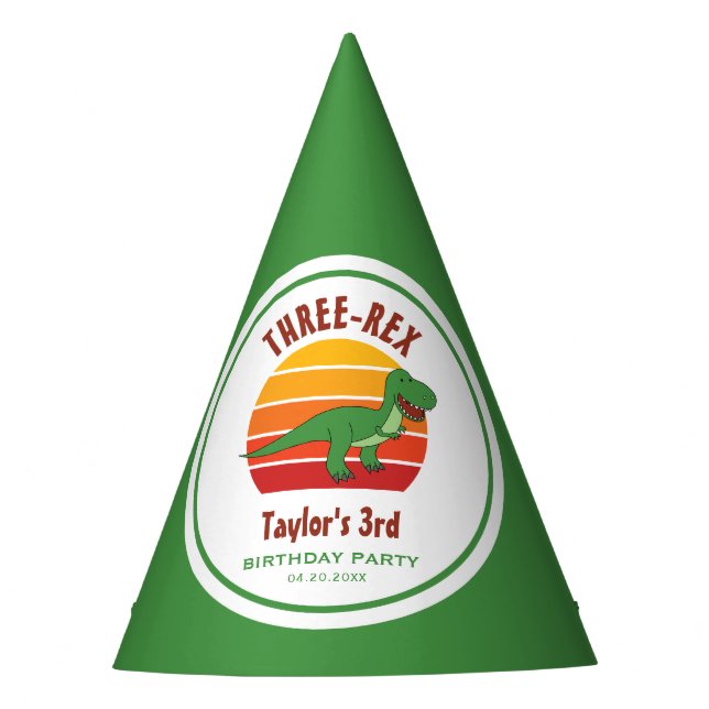 Three Rex Dinosaur Gender Neutral Fun 3rd Birthday Party Hat (Front)