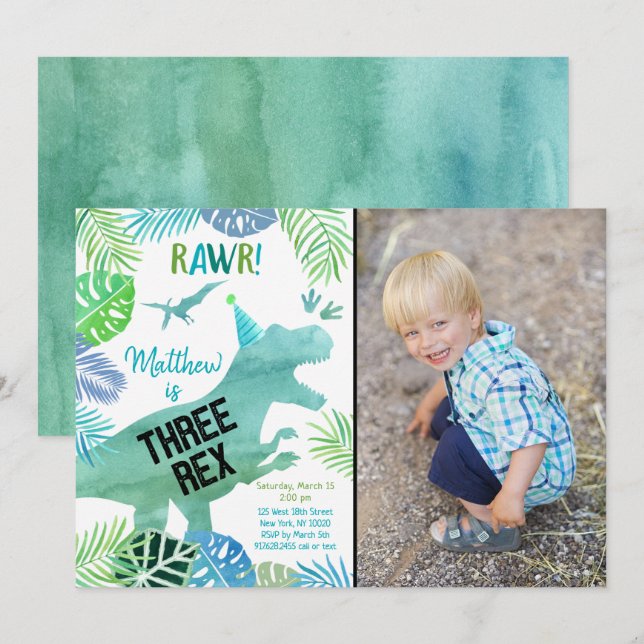Three Rex Dinosaur Greenery Birthday Invitation (Front/Back)