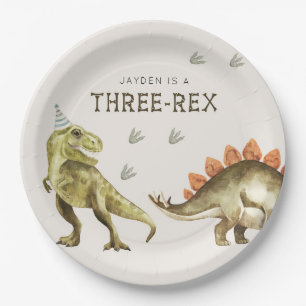 Three-Rex Dinosaur T-rex 3rd Birthday Paper Plate