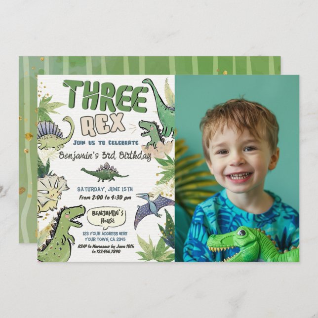 Three Rex Dinosaur Themed Invitation (Front/Back)