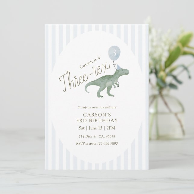 Three Rex Dinosaur Third Birthday Invitation (Standing Front)
