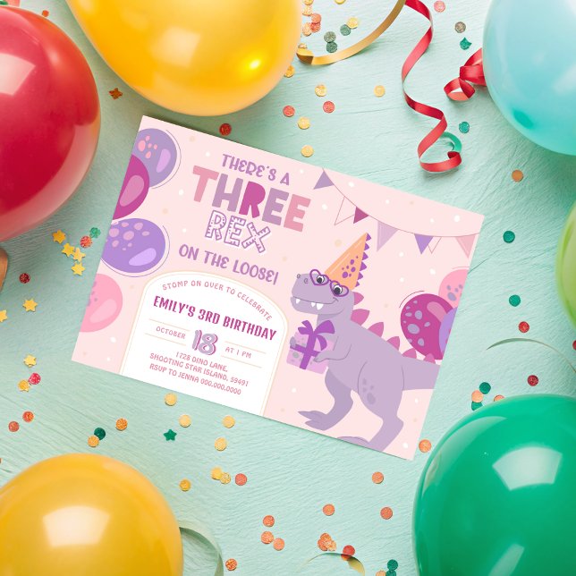 Three Rex Girl Invitation. T-Rex 3rd Birthday Invitation (Three Rex Girl Invitation. T-Rex 3rd Birthday Invitation
)
