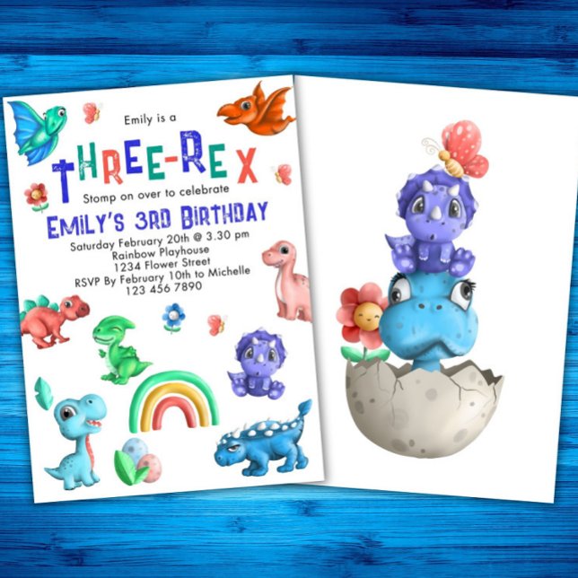Three-Rex Girls 3rd Birthday Dinosaur Party Dino Invitation (Creator Uploaded)