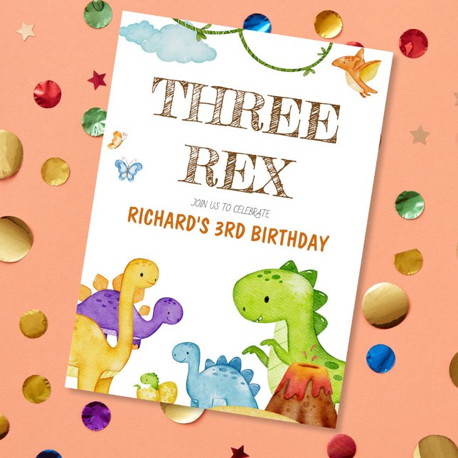 Three Rex Kids Dinosaur 3rd Birthday Party Invitation (Creator Uploaded)