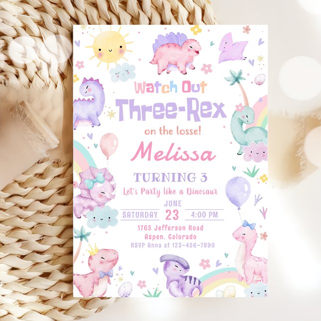 Three Rex Pink Dinosaur 3rd Birthday Party Invitation (Creator Uploaded)