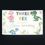 Three Rex third birthday party Banner<br><div class="desc">Three rex birthday Party banner is a cute design with high quality green colour dinosaurs and tropical leaves. Customise or edit further by please clicking the "customise further" link and use our design tool to modify this template. All text style, colours, sizes can be modified to fit your needs. If...</div>