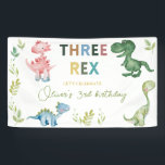 Three Rex third birthday party Banner<br><div class="desc">Three rex birthday Party banner is a cute design with high quality green colour dinosaurs and tropical leaves. Customise or edit further by please clicking the "customise further" link and use our design tool to modify this template. All text style, colours, sizes can be modified to fit your needs. If...</div>