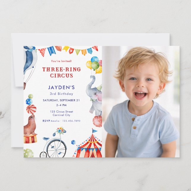 Three Ring Circus 3rd Birthday Carnival Photo Invitation (Front)