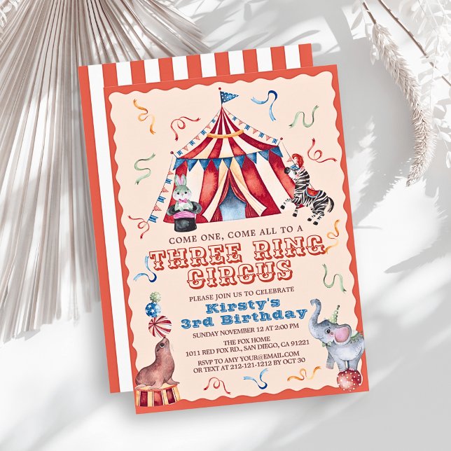 Three Ring Circus Carnival Animals 3rd Birthday Invitation (Creator Uploaded)