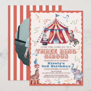 Three Ring Circus Carnival Photo 3rd Birthday Invitation