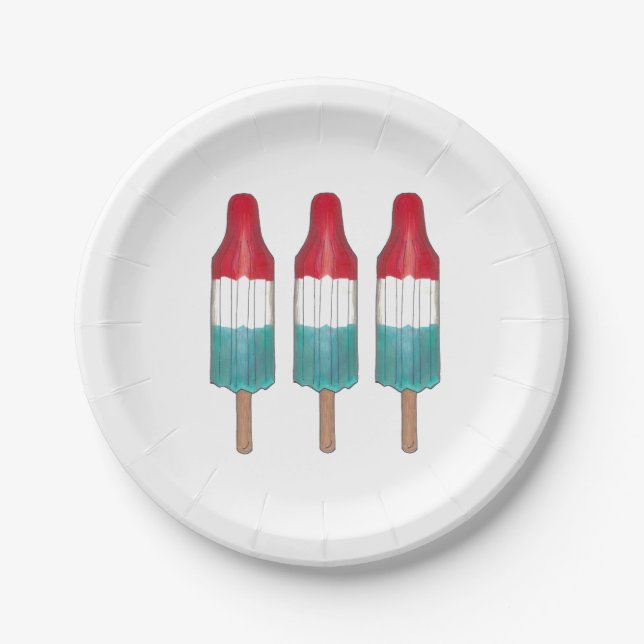 Three Rocket Pops July 4th Red White Blue Popsicle Paper Plate (Front)