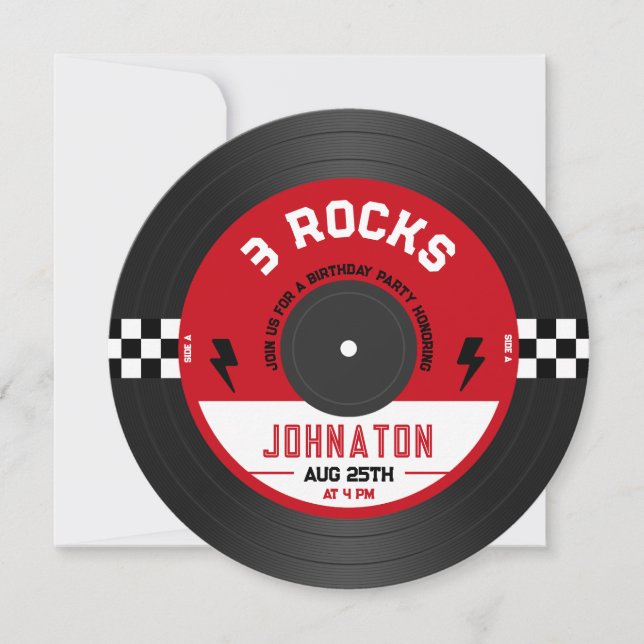 Three Rocks Vinyl Record Rock n Roll 3rd Birthday Invitation (Front)