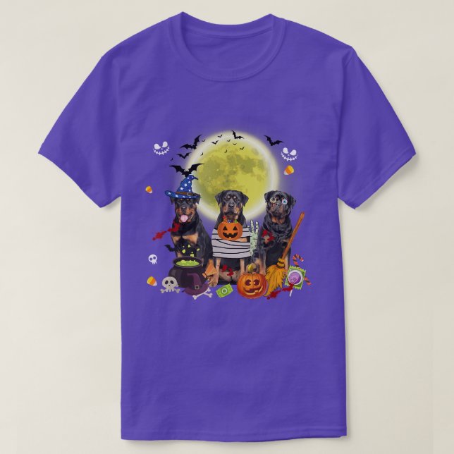 Three Rottweiler Dogs Witch Scary Mummy Halloween  T-Shirt (Design Front)