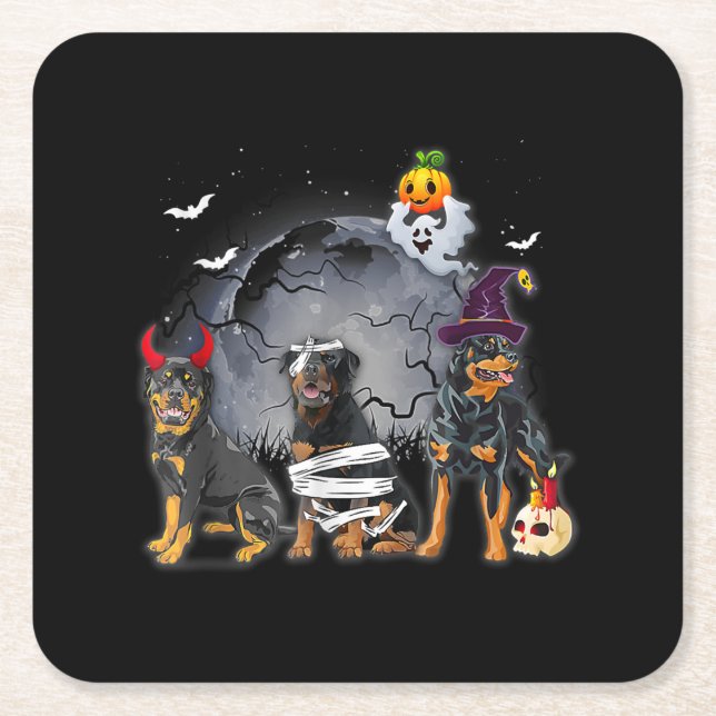 Three Rottweilers Satan Witch Mummy Halloween Cost Square Paper Coaster (Front)