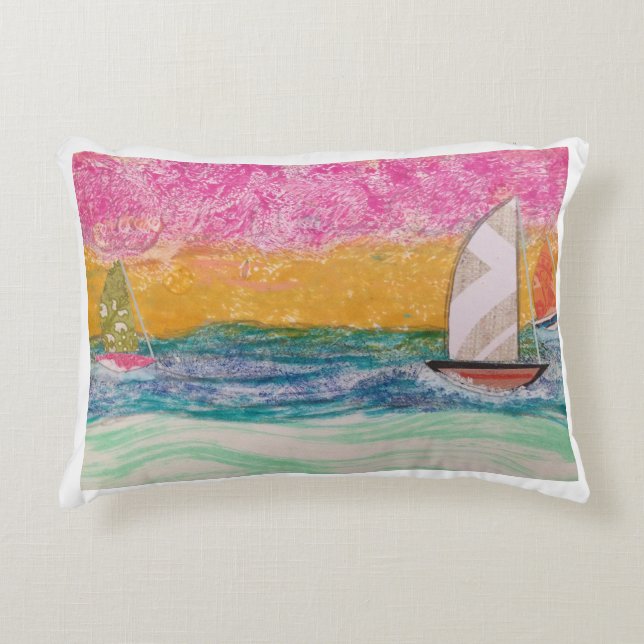 Three Sailboats Pink Sky  Decorative Cushion (Front)