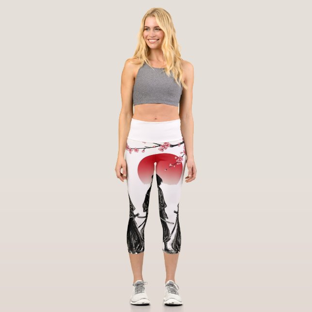 Three Samurai Silhouettes Battle Art Capri Leggings (Front)