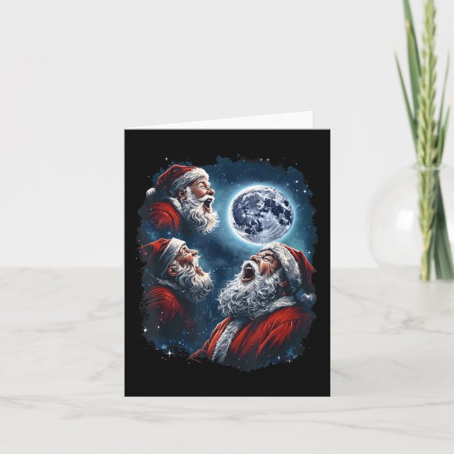 Three Santa Claus Moon Howling Funny Christmas Hol Card (Front)