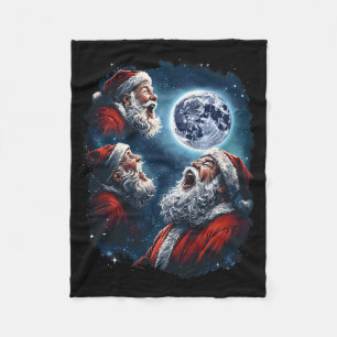 Three Santa Claus Moon Howling Funny Christmas Hol Fleece Blanket