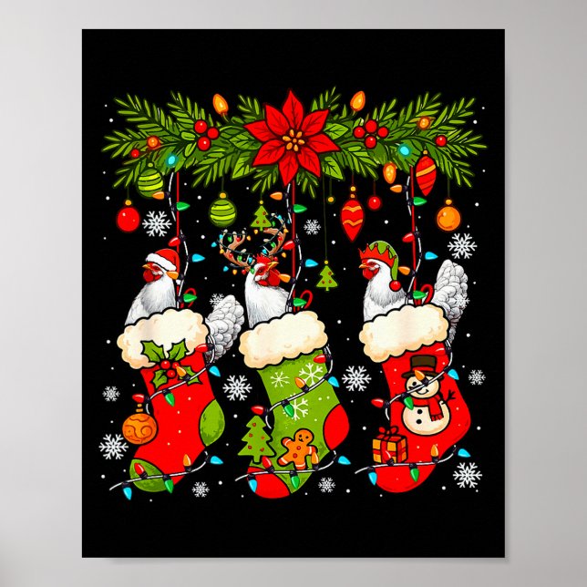 Three Santa Elf Reindeer Chickens In Xmas Colourfu Poster (Front)
