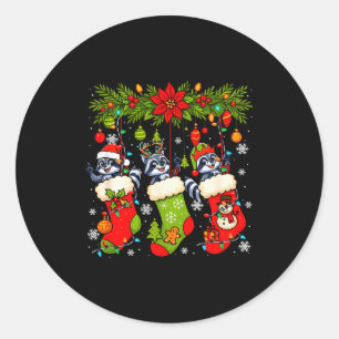 Three Santa Elf Reindeer Raccoons In Xmas Colorful Classic Round Sticker
