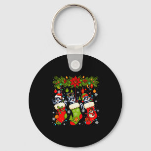 Three Santa Elf Reindeer Raccoons In Xmas Colorful Key Ring