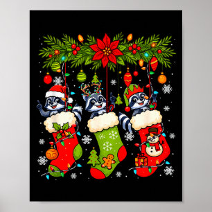 Three Santa Elf Reindeer Raccoons In Xmas Colorful Poster